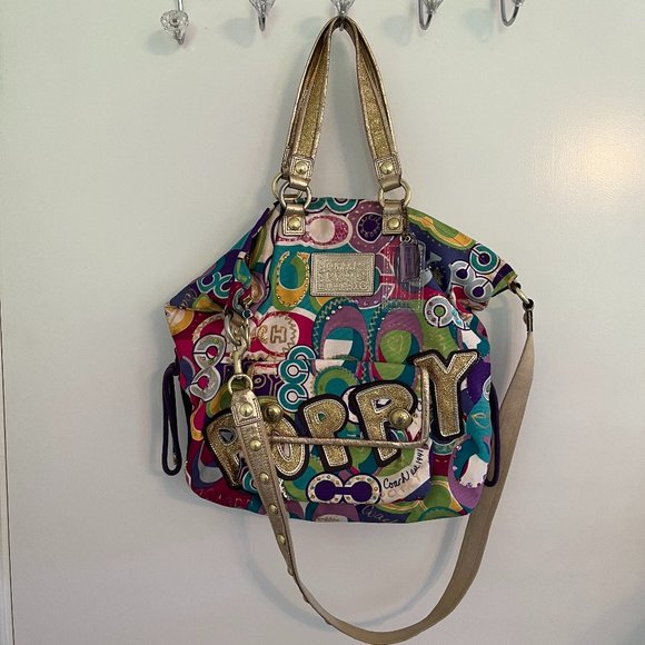 COACH Poppy バッグ ネイビー/ゴールド COACH SIGNATURE POPPY DAISY SATCHEL TOTE BAG GOLDEN F22323